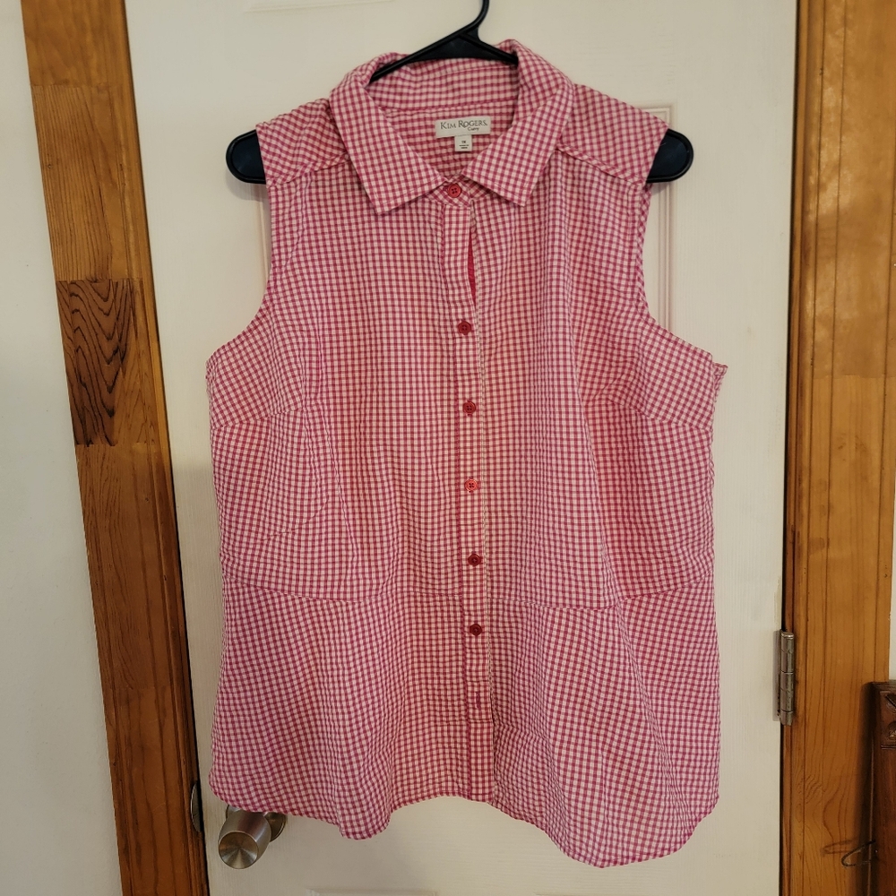 Kim Rogers Curvy Shirt Top Peplum Seersucker Pink White Gingham Plus Size 1X